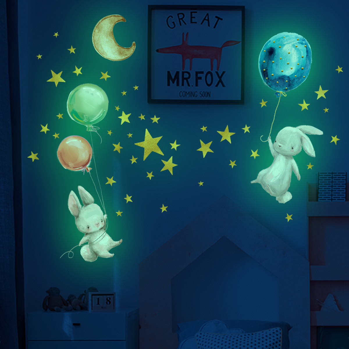 New Glow In The Dark Wall Stickers Astronaut Cartoon Rabbit Bunny Stars Spaceship Children Kids Room Decoration Wall Sticks