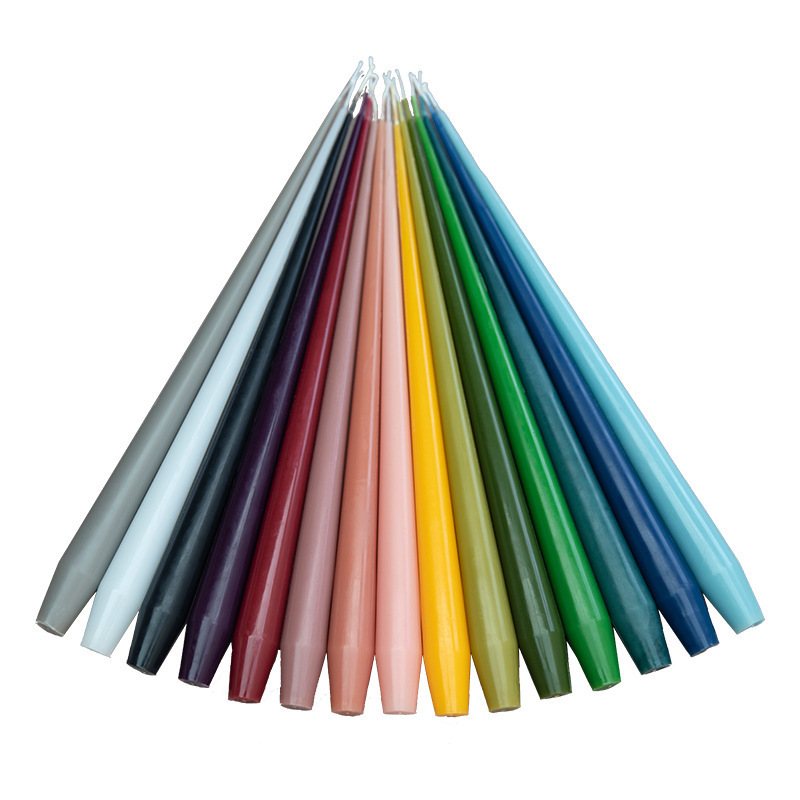 2023 Hot selling 35cm pointed taper paraffin wax colored smokeless long pole wedding party candle dinner taper candles