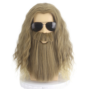 Beard Wig Men Long Curly Golden Brown Wig with Beard Men's Halloween Costume Accessory Cosplay Party Wig