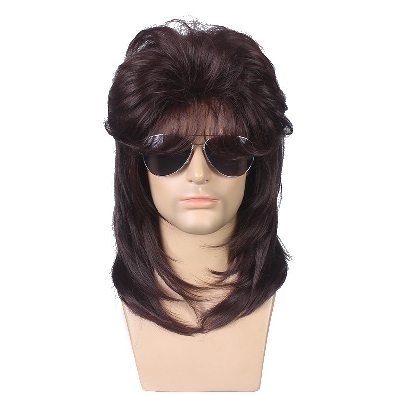 Rock Star Long Wig Mens 70s 80s Rocker Fancy Wig Metal Mullet Mens Long Curly Black Party Halloween Costume Anime Wig