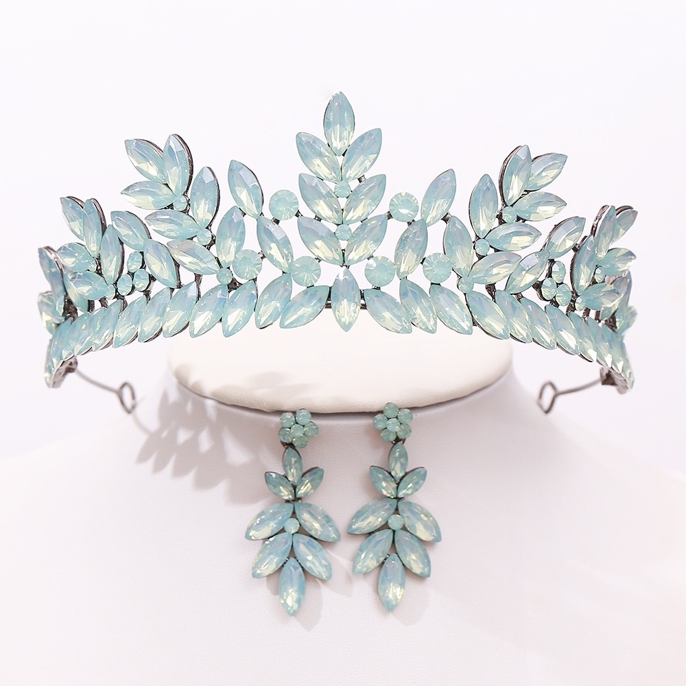 Wholesale cheap fashion pageant luxury romantic baroque forest crystal jelly leaves opal stone tiaras royal queen bridal crowns