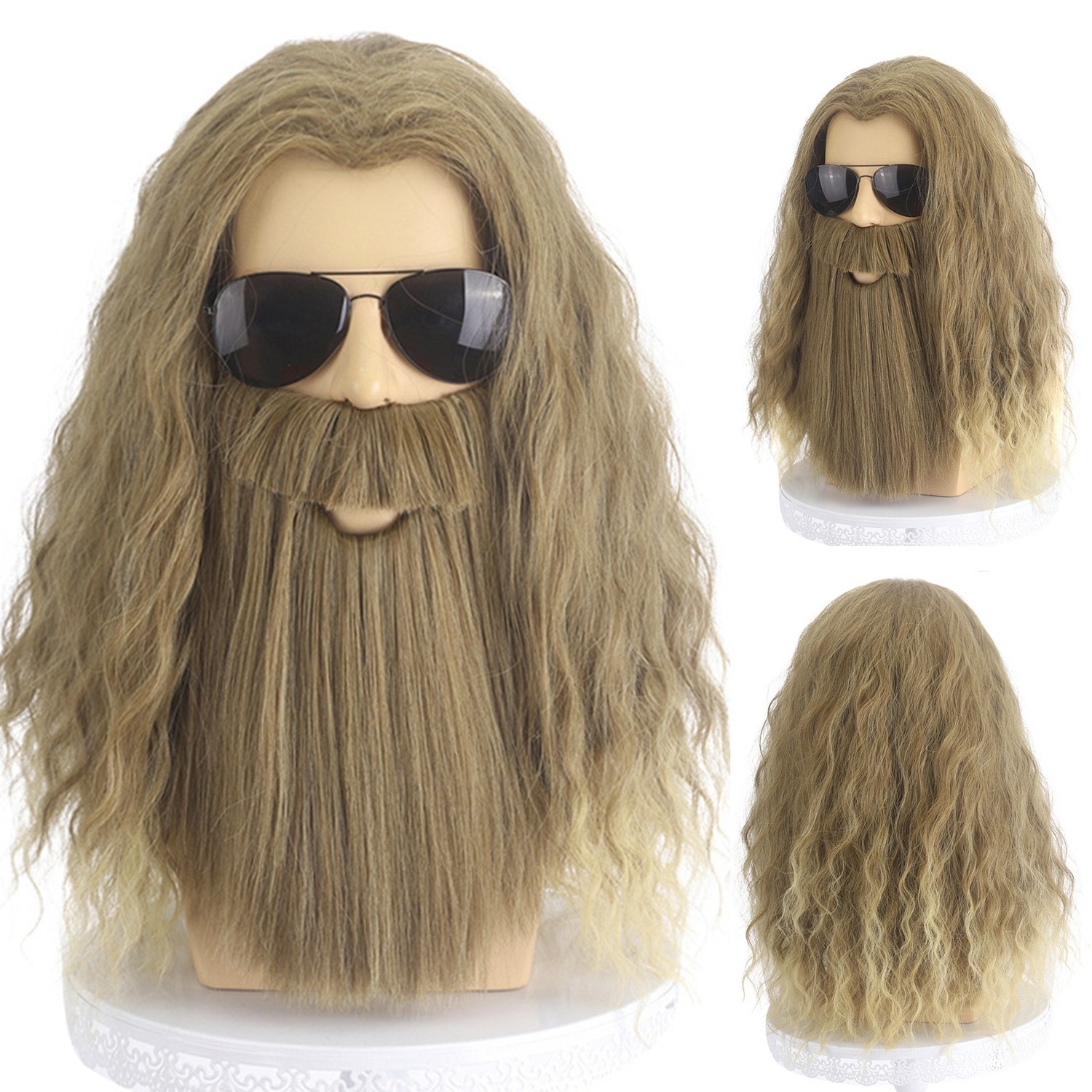 Beard Wig Men Long Curly Golden Brown Wig with Beard Men's Halloween Costume Accessory Cosplay Party Wig