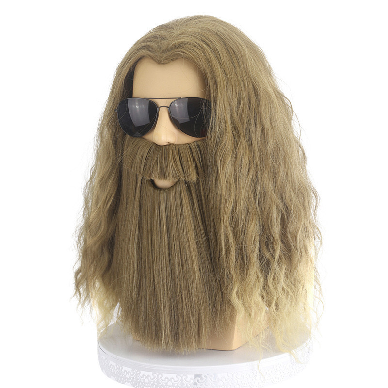 Beard Wig Men Long Curly Golden Brown Wig with Beard Men's Halloween Costume Accessory Cosplay Party Wig