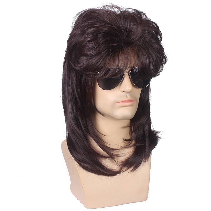 Mens 80s Black Mullet Wigs Halloween Costume Male Wig Punk Heavy Metal Rocker Wig Curly Long