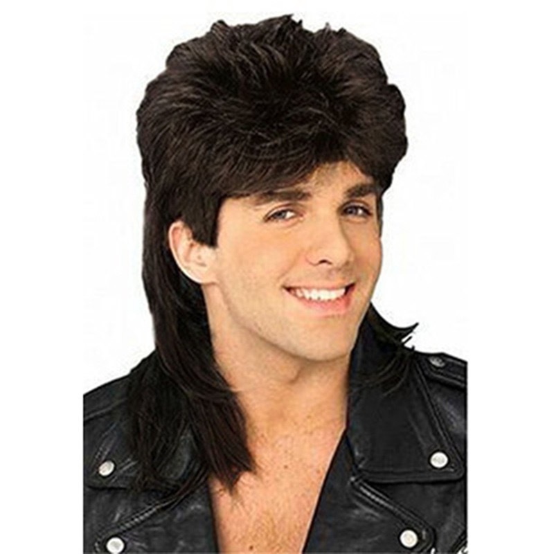 Rock Star Long Wig Mens 70s 80s Rocker Fancy Wig Metal Mullet Mens Long Curly Black Party Halloween Costume Anime Wig