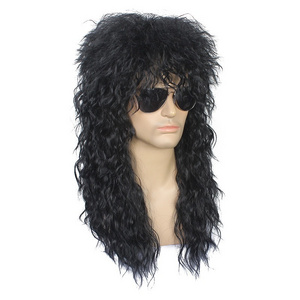 Mens 80s Black Mullet Wigs Halloween Costume Male Wig Punk Heavy Metal Rocker Wig Curly Long