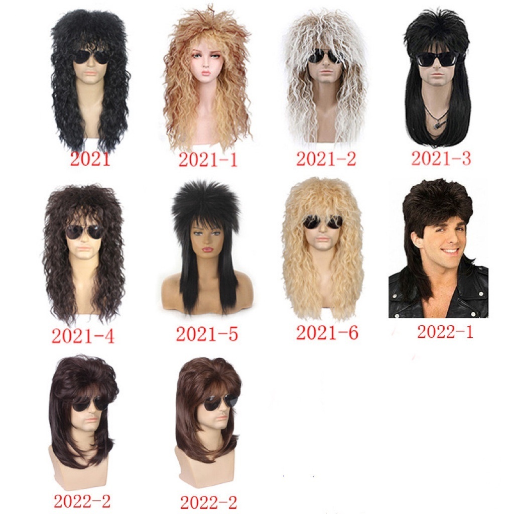 Mens 80s Black Mullet Wigs Halloween Costume Male Wig Punk Heavy Metal Rocker Wig Curly Long