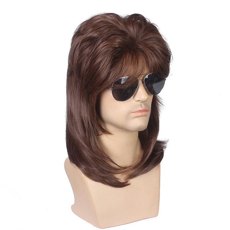 Rock Star Long Wig Mens 70s 80s Rocker Fancy Wig Metal Mullet Mens Long Curly Black Party Halloween Costume Anime Wig