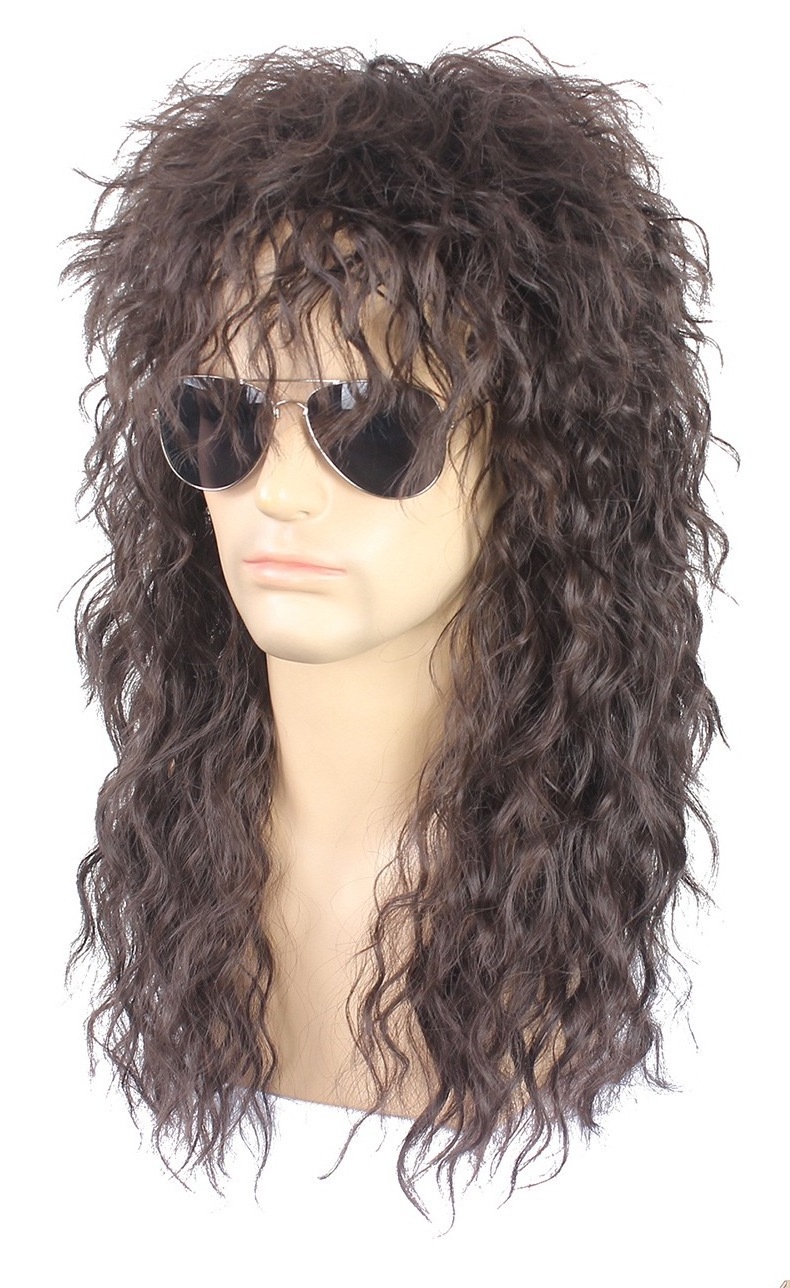 Mens 80s Black Mullet Wigs Halloween Costume Male Wig Punk Heavy Metal Rocker Wig Curly Long