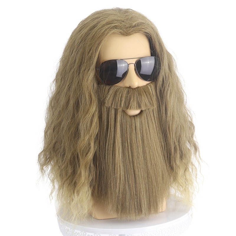 Beard Wig Men Long Curly Golden Brown Wig with Beard Men's Halloween Costume Accessory Cosplay Party Wig