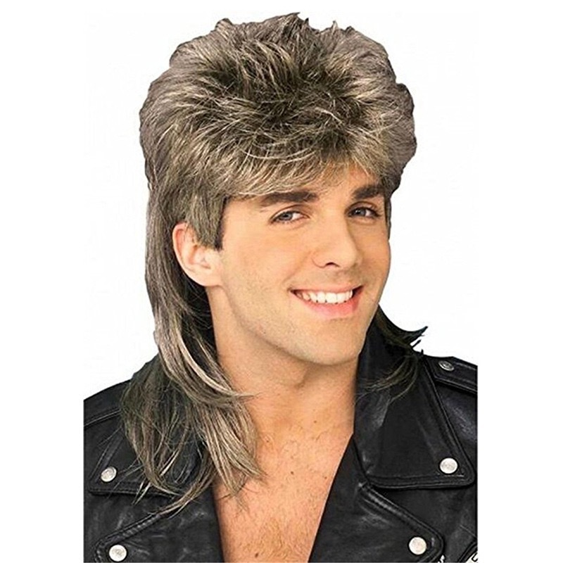 Rock Star Long Wig Mens 70s 80s Rocker Fancy Wig Metal Mullet Mens Long Curly Black Party Halloween Costume Anime Wig