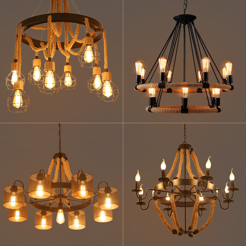 Factory Price Retro Industrial Hemp Rope Hanging Chandelier Lighting Vintage Iron Led Lamp Pendant Light for Restaurant