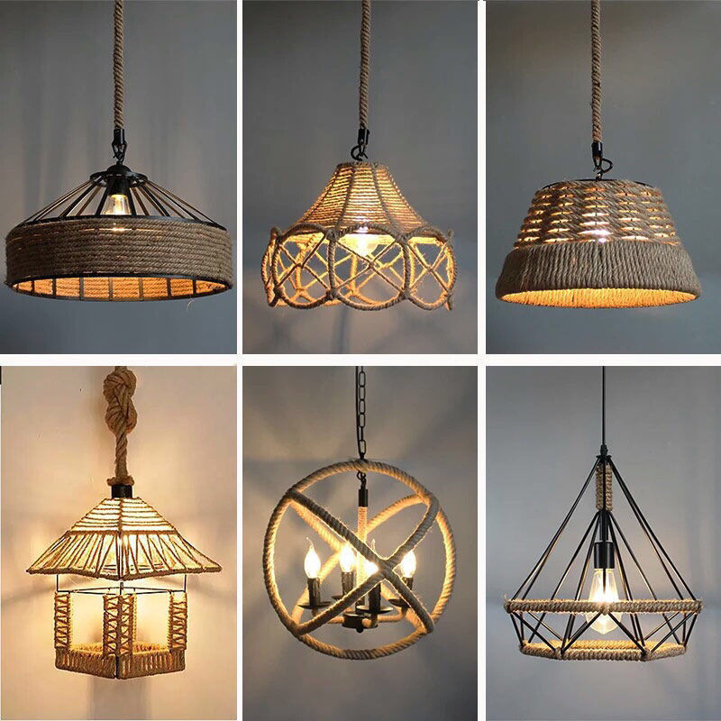 Factory Price Retro Industrial Hemp Rope Hanging Chandelier Lighting Vintage Iron Led Lamp Pendant Light for Restaurant