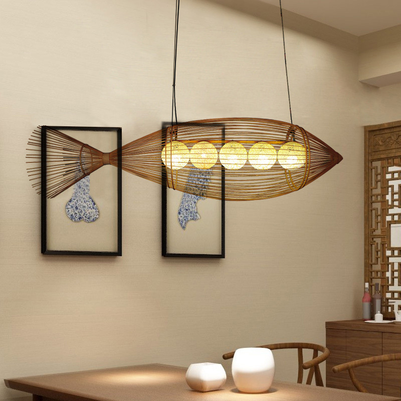 Natural Bamboo Chandelier Rustic Woven Chandelier Rattan Ceiling Light Fixtures Creative fish Chandelier Handicraft lamp