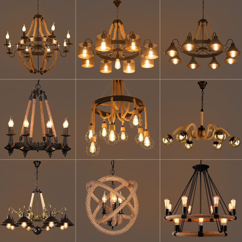 Retro American Pastoral Style Hemp Rope Chandelier Wheel Iron Led Pendant Decorative Light For Indoor Lighting Hemp rope Iron