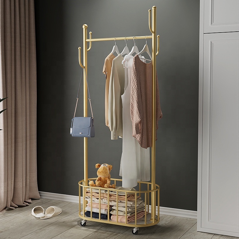 Coat Rack Floor Hanging Gold Metal Living Room Movable Stand Home Storage Organization Coat Clothes Rack