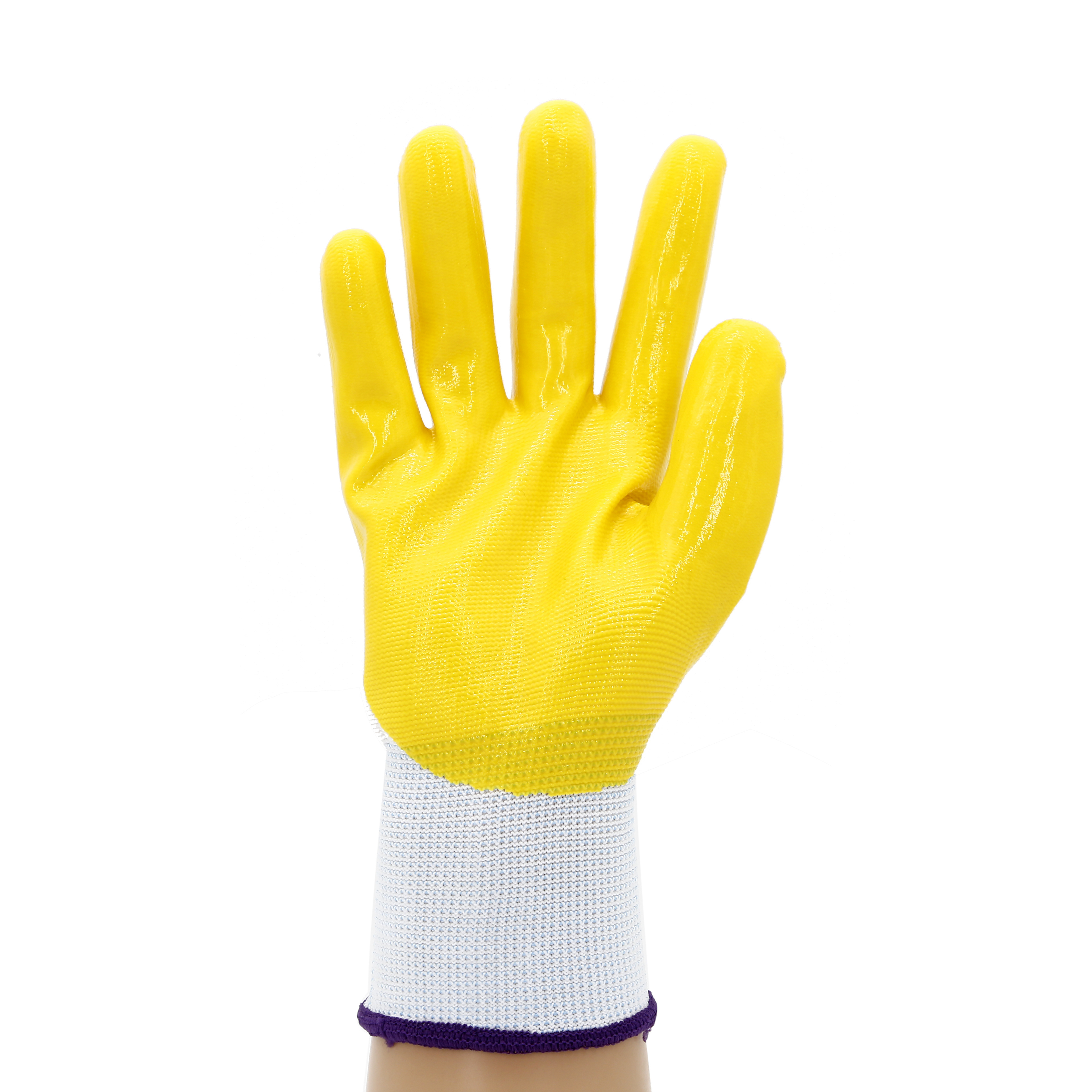 Wholesale cheap 13G knitted yellow nitrile semi-coated oil resistant safety work cutting gloves