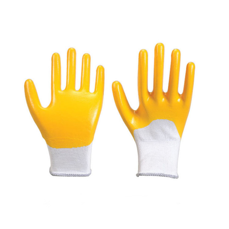 Wholesale cheap 13G knitted yellow nitrile semi-coated oil resistant safety work cutting gloves