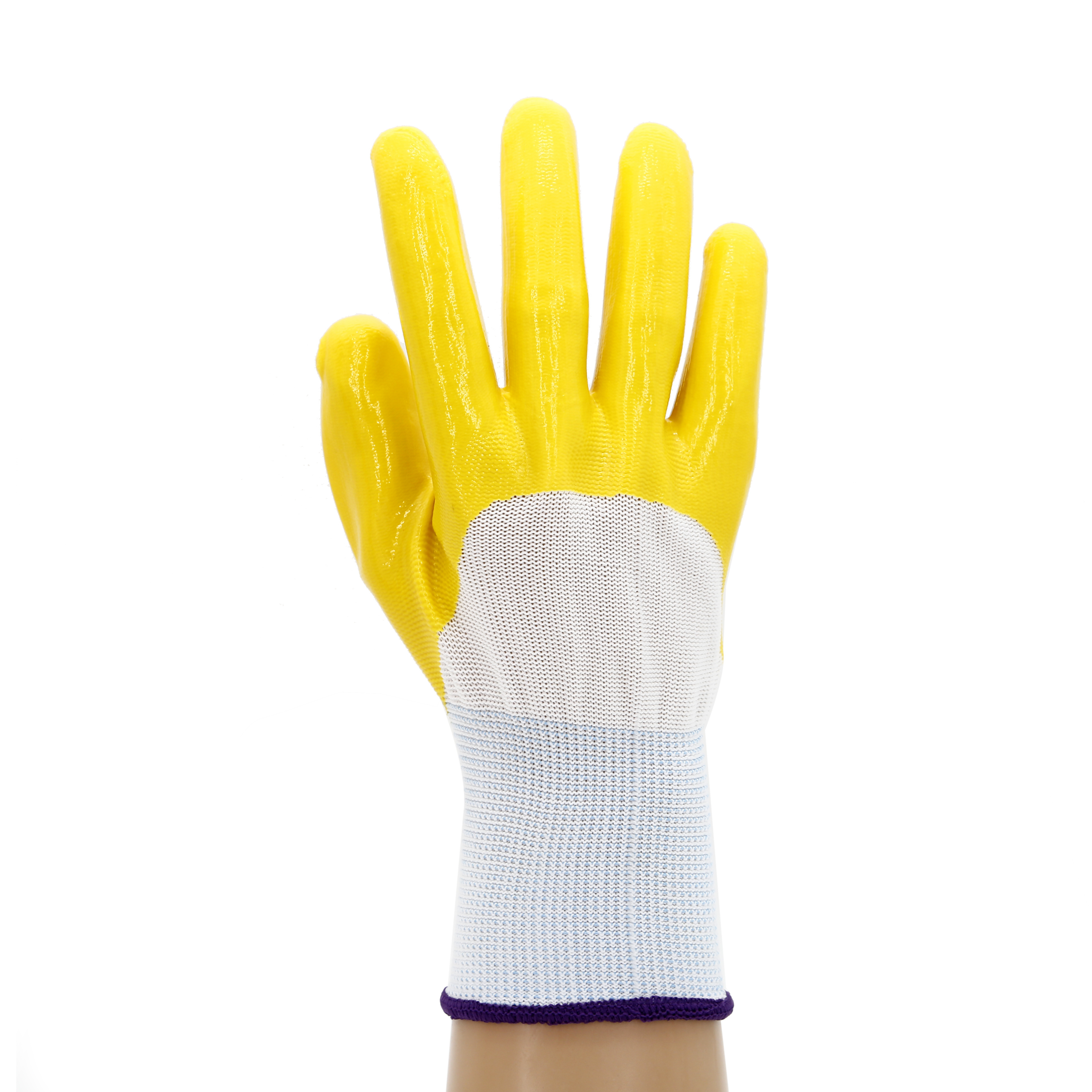 Wholesale cheap 13G knitted yellow nitrile semi-coated oil resistant safety work cutting gloves