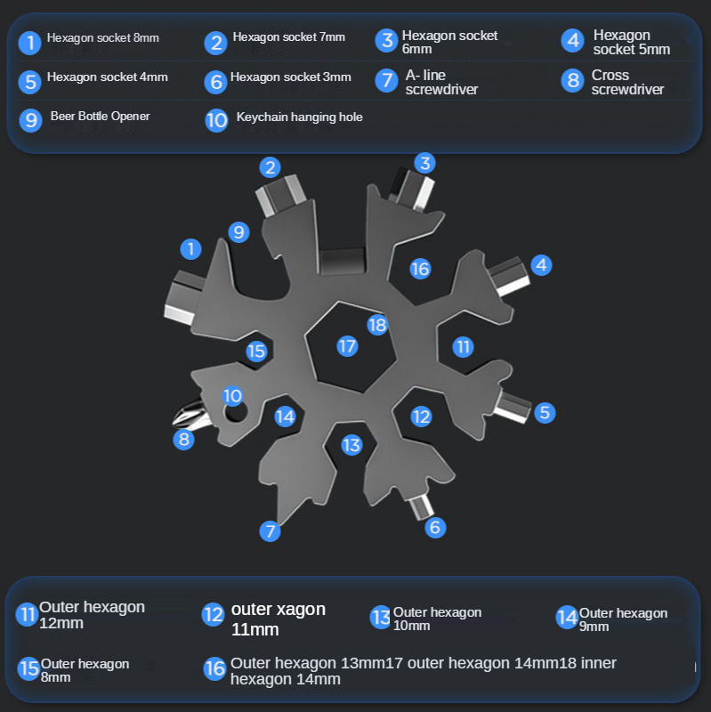 Best-selling octagonal snow tools wrench 18 in 1 snowflakes snow wrench tool spanner hex wrench
