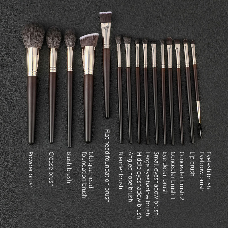 ZY-31 Natural Goat Pony Hair Eyeliner Eye Shadow Blending Eyebrow Smokey Shader Brushes 15Pcs No Logo Makeup Brush Set With Case