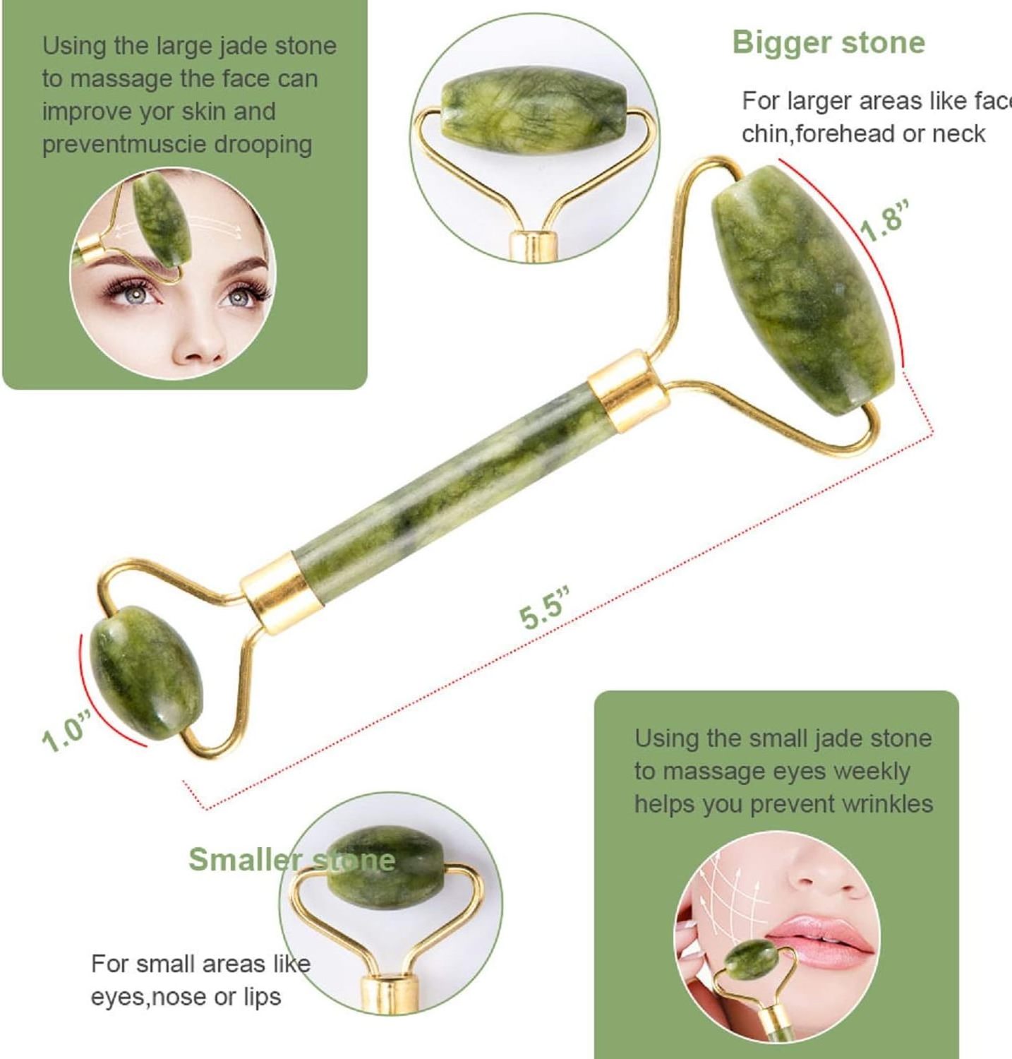 Beauty Green Stone Massager Jade Roller Face Double Sided Face & Neck Lifting Massager Jade Roller Original