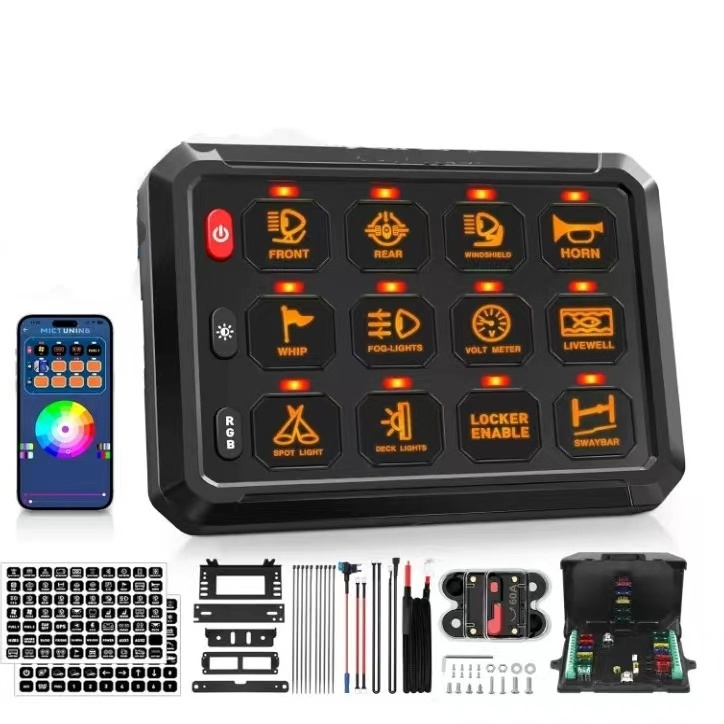 APP Control Automotive Aux ON-Off Dimming RGB 8/12 Gang Switch Panel 12V 24V With Circuit Control Box for Off road Light