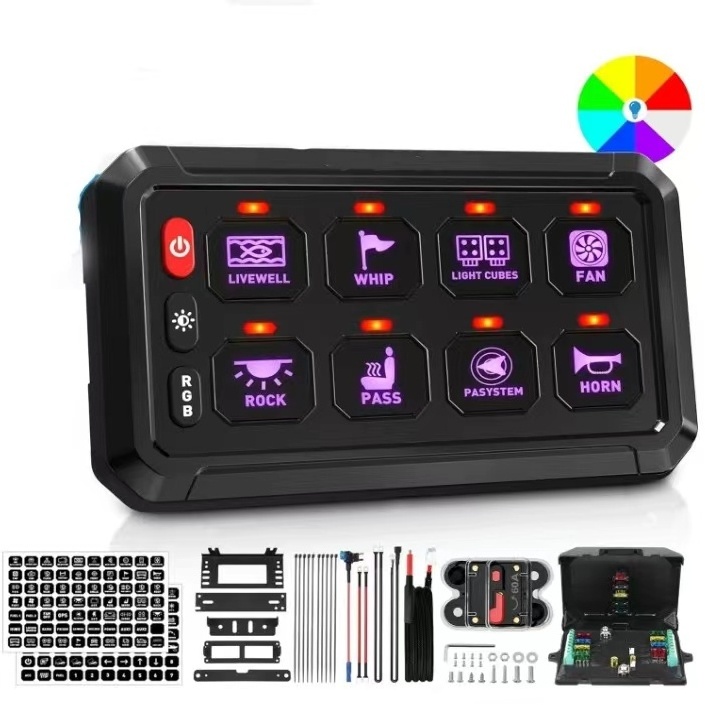 APP Control Automotive Aux ON-Off Dimming RGB 8/12 Gang Switch Panel 12V 24V With Circuit Control Box for Off road Light