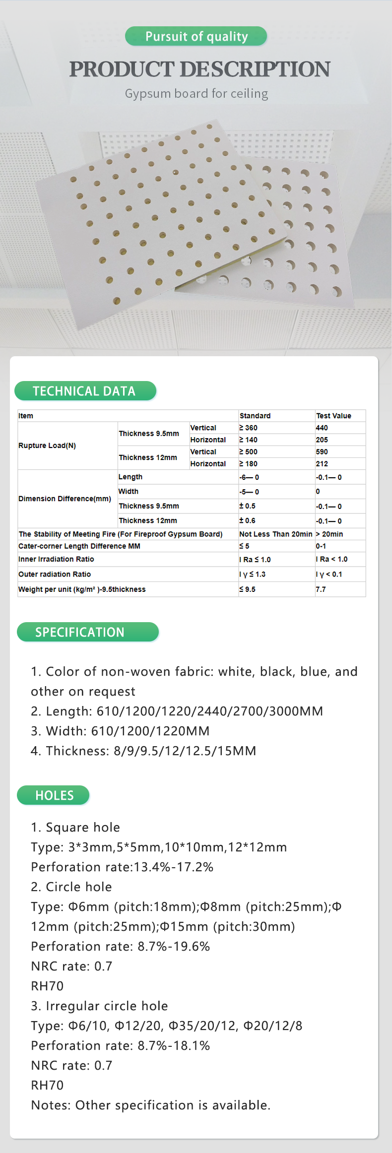 Perforated gypsum board Standard plasterboards drywall 12.5mm thickness wooden pallet package Acoustic Perforated 9.5mm