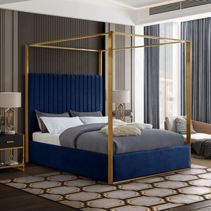 Luxury gold metal wood upholstered canopy bed frame queen size bedroom furniture