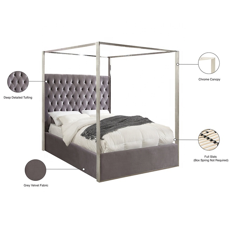 Luxury wood metal queen size arched canopy bed frame with upholstered headboard