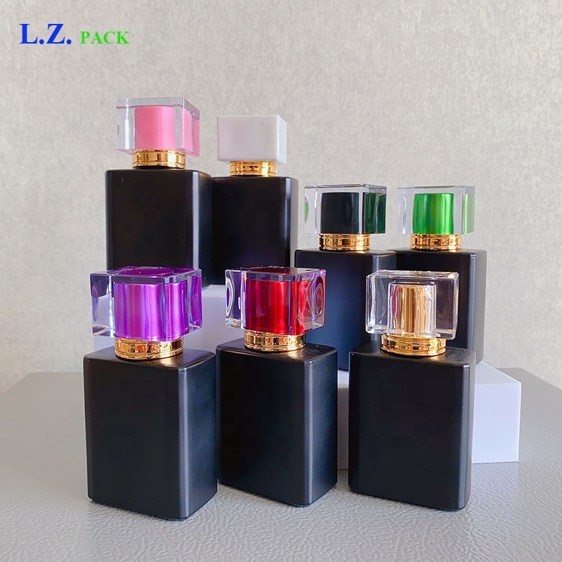 LZ Pack Stock 100pcs Luxury Black Gold Pink Purple Green Red Glass Empty Perfume Bottles 50ml White Black Perfume Spray Bottle