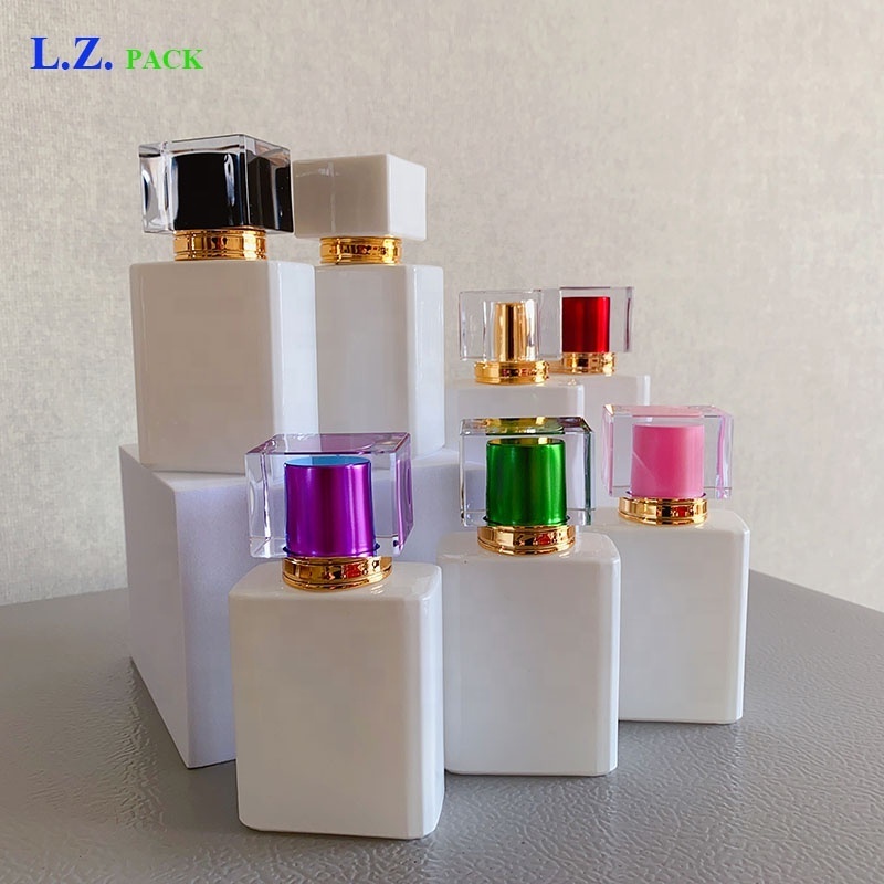 LZ Pack Stock 100pcs Luxury Black Gold Pink Purple Green Red Glass Empty Perfume Bottles 50ml White Black Perfume Spray Bottle