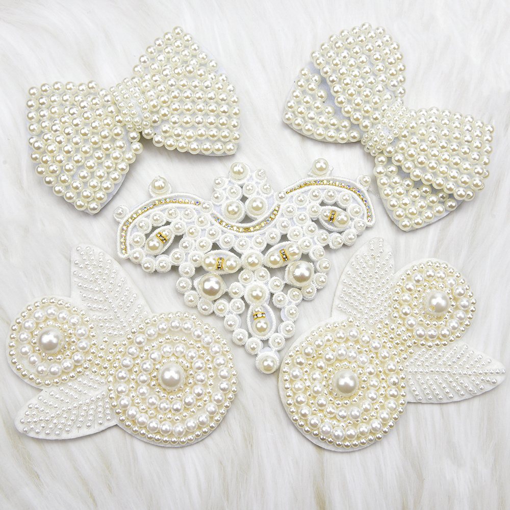 New Beige Pearl Rhinestone Patches For Clothes Shoes Bow Appliques Sew On Glue On Fabric Sticker Kids Bags Apparel Accessories