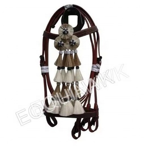 SMART SPANISH LEATHER HORSE BRIDLE WITH HORSE HAIR TUSSLE SPANISH BUCKLE, LEATHER HORSE BRIDLE/LEATHER BRIDLE