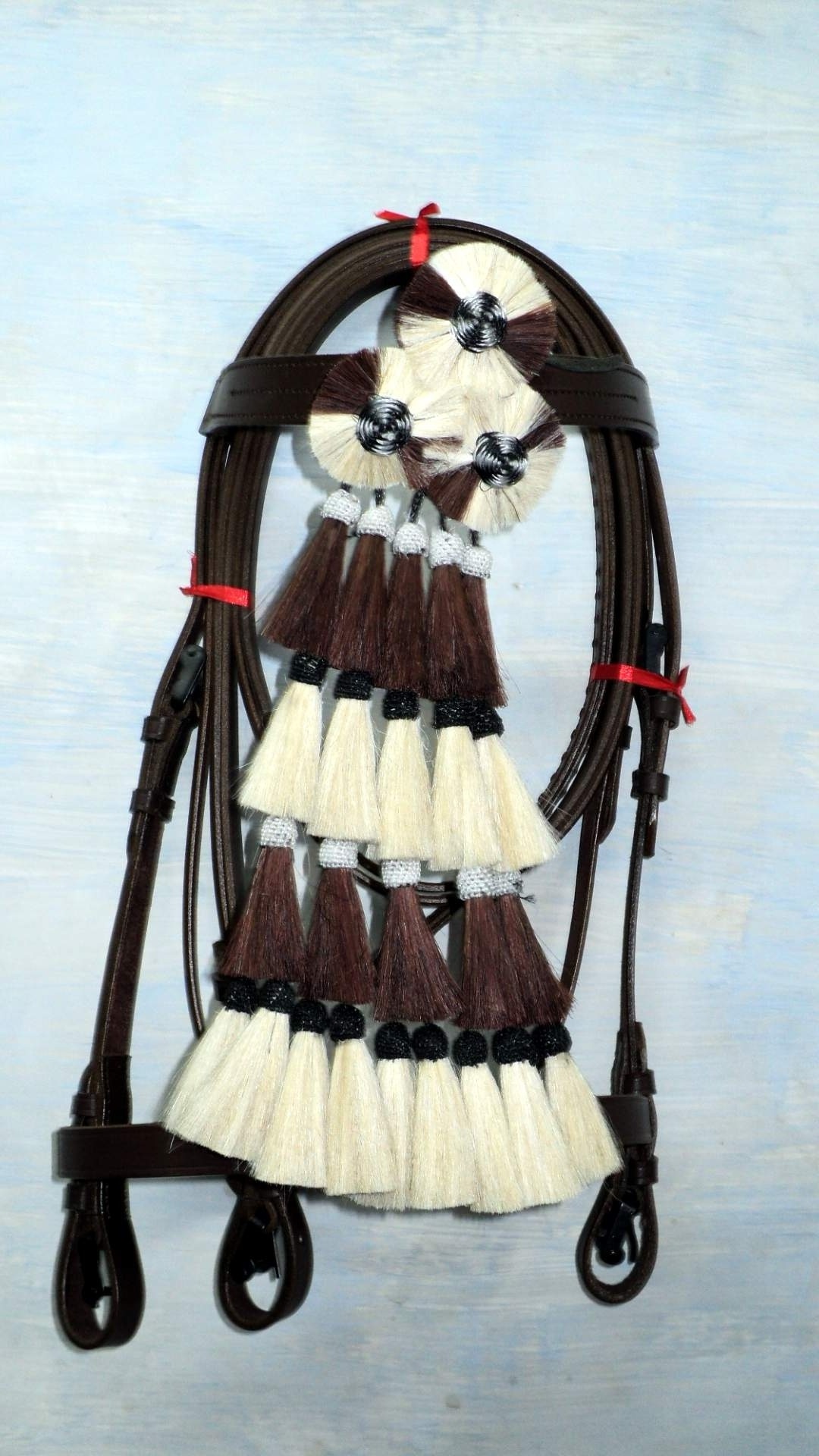 SMART LEATHER SPANISH BRIDLE WITH HORSE HAIR FRINGES AT BROW BAND / SPANISH HORSE BRIDLE WITH MASQERO