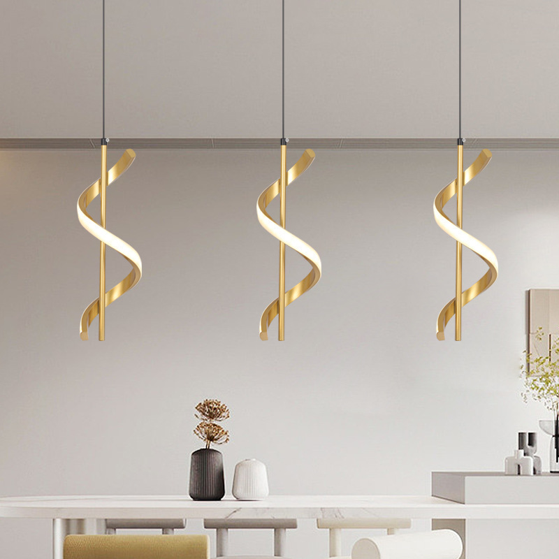 Gold Pendant Light, Spiral Modern Led Pendant Lighting for Kitchen Island, Brushed Brass Ceiling Hanging Light Fixture