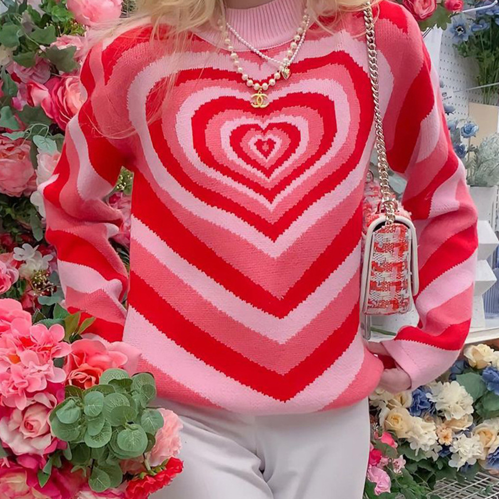 Green Pink Blue Heart Striped Turtleneck Sweater Winter Sweet Knit Long Sleeve Crop Sweater Pullovers Crop Top Aesthetic Sweater