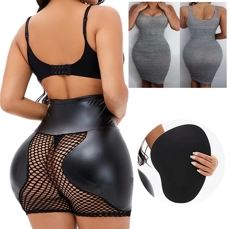 Zipper Leather Shorts Padded Shapewear Women Tummy Control Panties Underwear Body Shaper Mesh Back Bum Butt Buttock Hip Enhancer