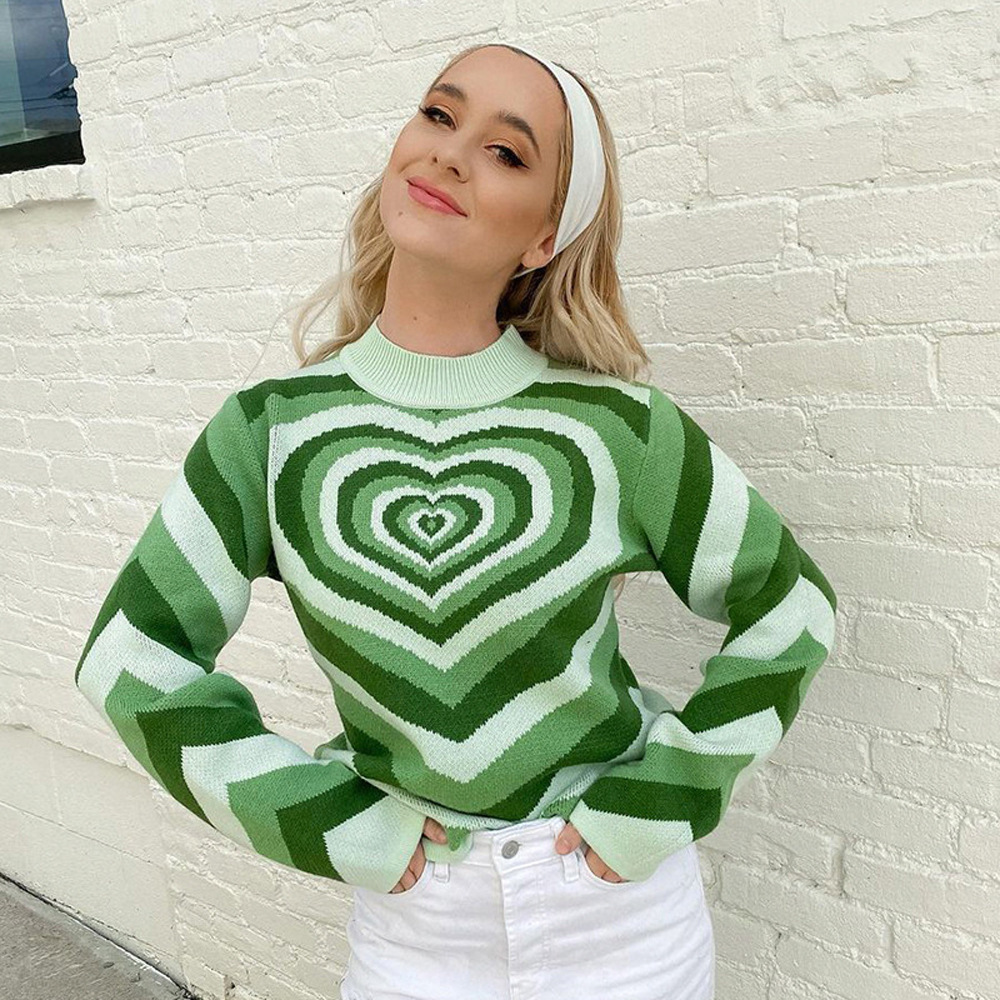 Green Pink Blue Heart Striped Turtleneck Sweater Winter Sweet Knit Long Sleeve Crop Sweater Pullovers Crop Top Aesthetic Sweater