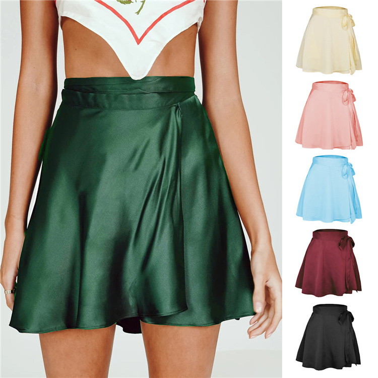 Summer Lace-up chiffon satin wrap mini skirt womens solid color Mini high waist skirts fashion one-piece lace short skirt