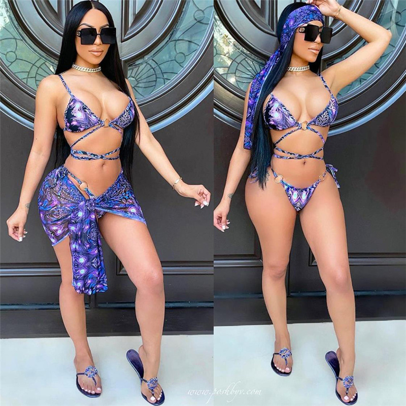 Sexy Tie Dye Print Lace Up Hollow Out 2 PCS Bikinis Suit Push Up Swimwear Dress Cover Up Bikini Bathing Suit Beach Swimsuit