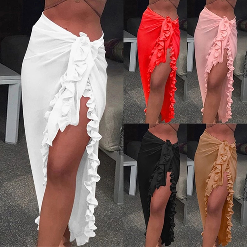 Women's Sarong Bikini Cover-Ups Skirts All-match See Through Beach Wrap Skirt Summer Solid Color Sarong Beachwear for Vacation