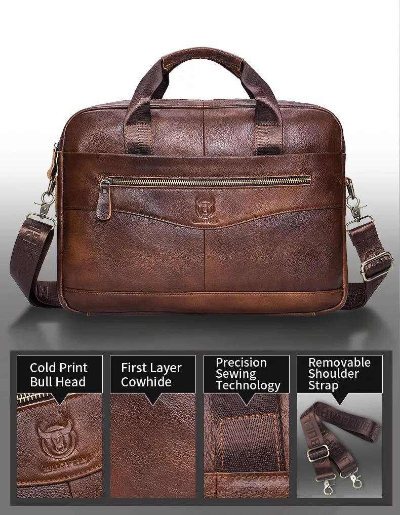 Fireproof Adjustable BULL CAPTAIN Men's Leather Briefcase Laptop Bag Shoulder Bag Men's Handbag