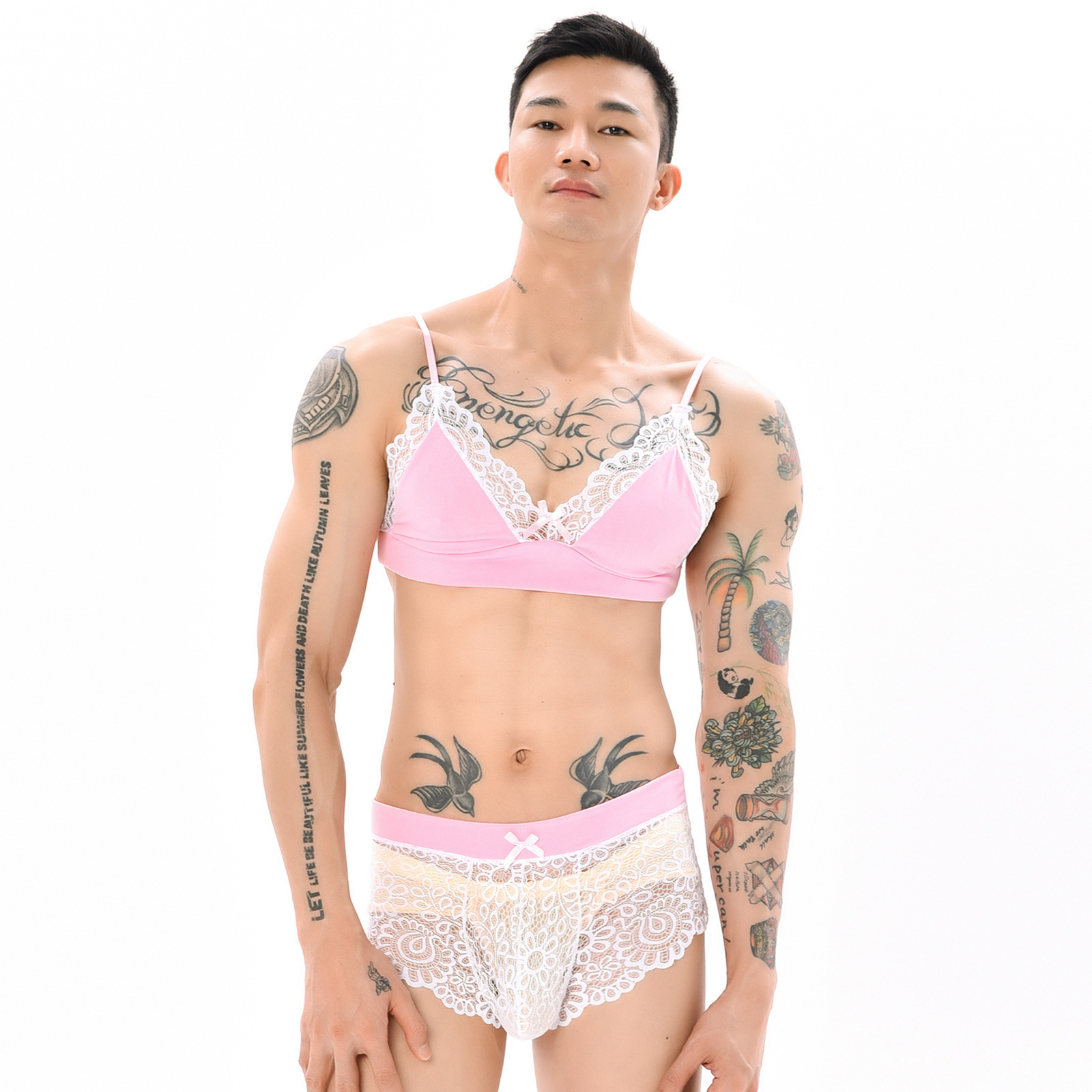 King Mcgreen Star Men Sexy Crossdressing Erotic Sissy Lingerie See Through Mesh Lace Gay Underwear Bra Top Transparent Boxers