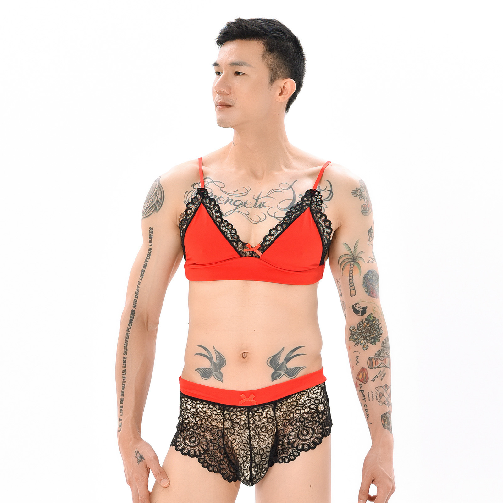 King Mcgreen Star Men Sexy Crossdressing Erotic Sissy Lingerie See Through Mesh Lace Gay Underwear Bra Top Transparent Boxers