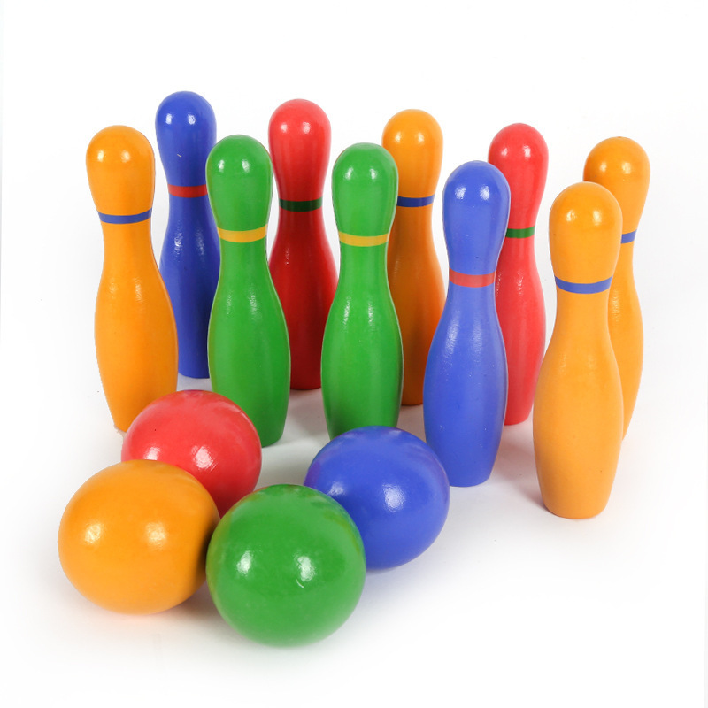 Wooden Colorful Kids Bowling Pin Play Set  Sports Skittles Game Educational Toys Lawn Bowling Set for Toddlers, Kids, Adults