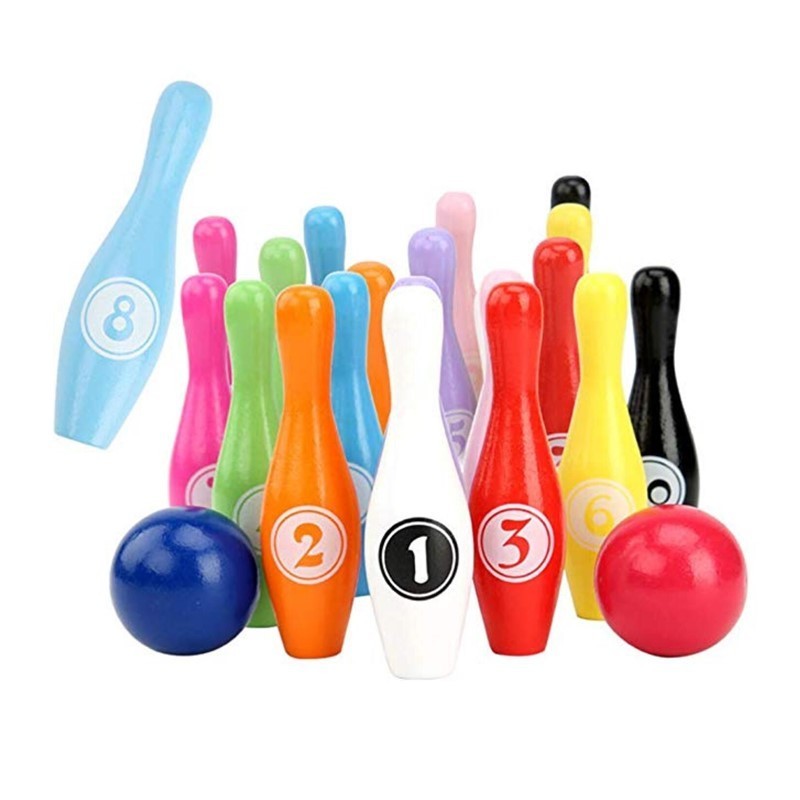 Wooden Colorful Kids Bowling Pin Play Set  Sports Skittles Game Educational Toys Lawn Bowling Set for Toddlers, Kids, Adults