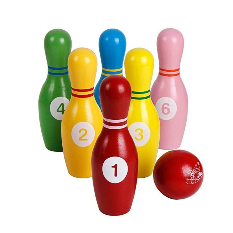 Wooden Colorful Kids Bowling Pin Play Set  Sports Skittles Game Educational Toys Lawn Bowling Set for Toddlers, Kids, Adults