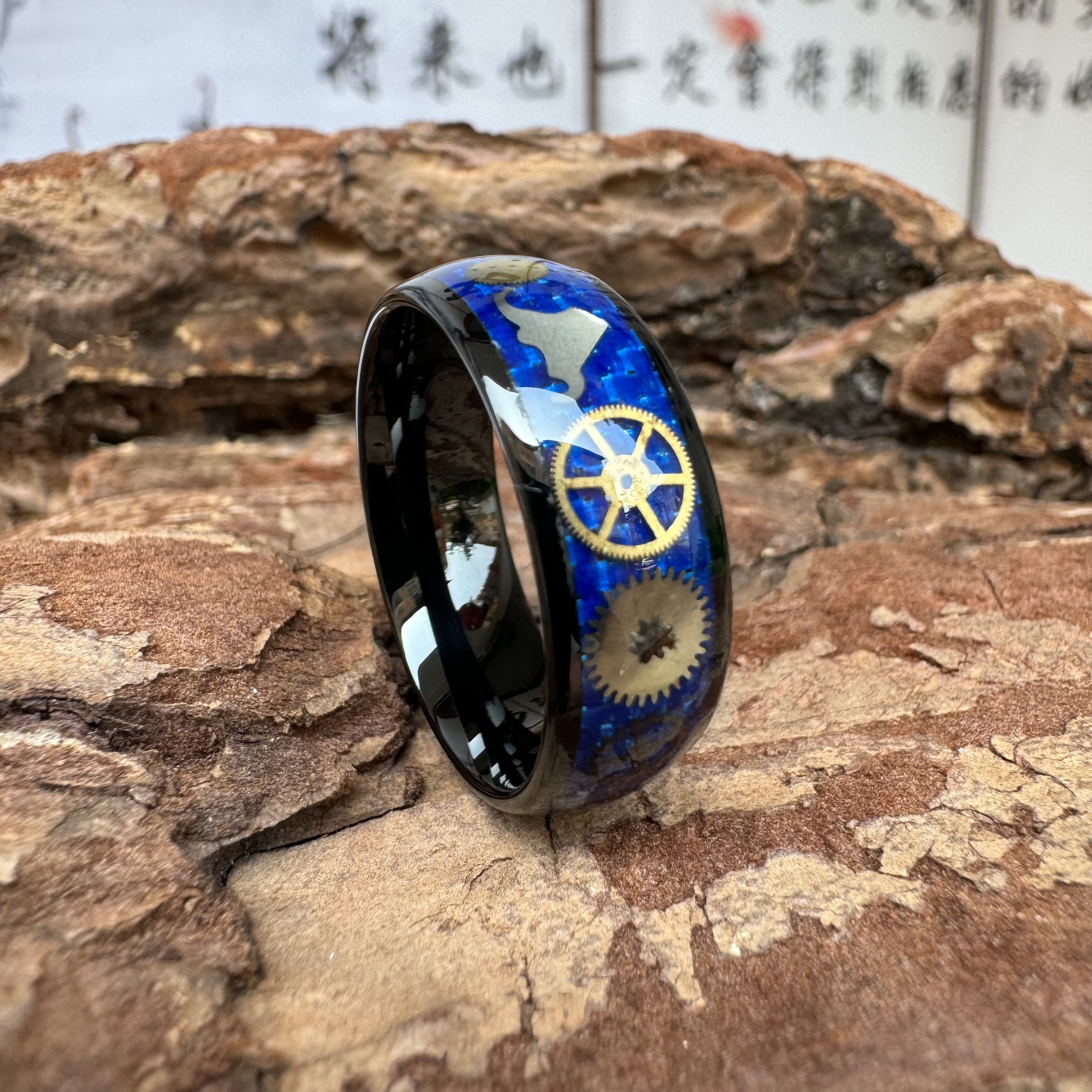 Cool Style 8MM Steampunk Real Gear Blue Carbon Fiber Inlay Tungsten Engagement Ring Fashion Jewelry